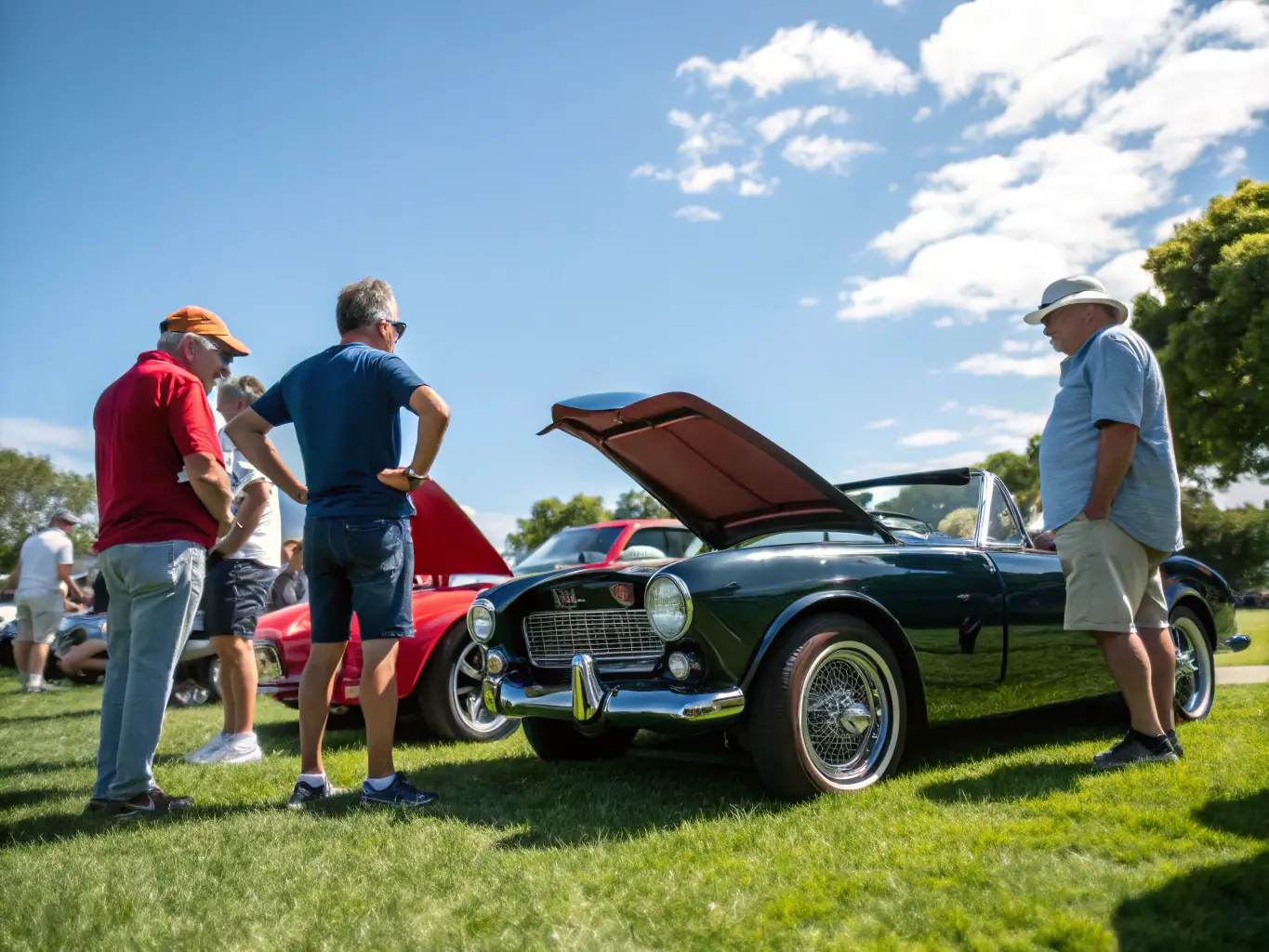 A heartwarming image of members participating in a community car show, displaying their classic vehicles and interacting with fellow enthusiasts and the public.