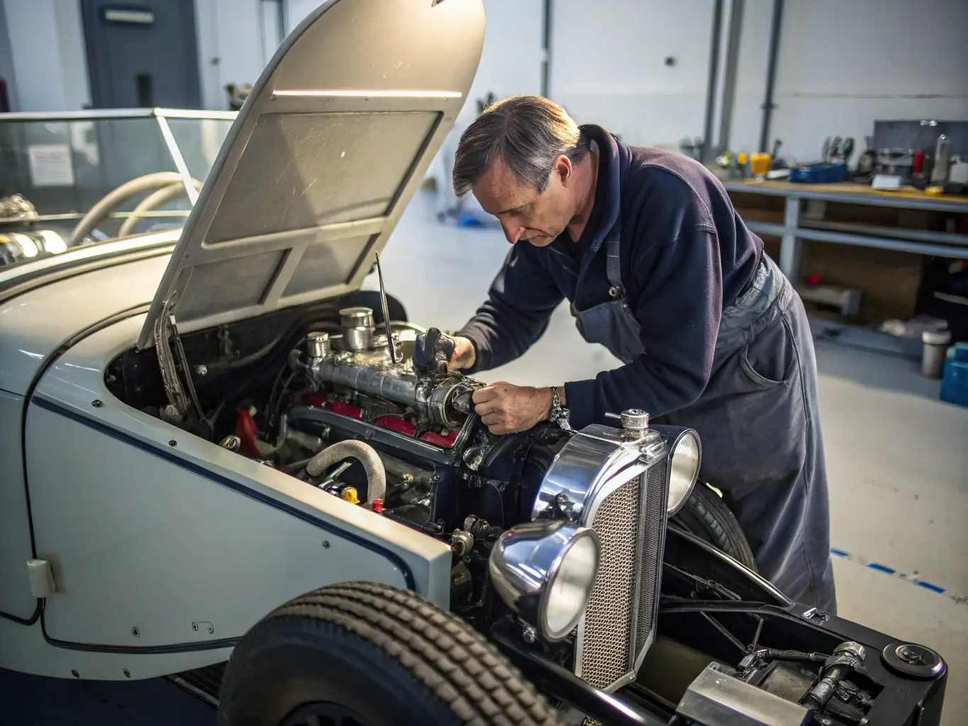 A group of enthusiasts participating in a classic car restoration workshop, focusing on engine mechanics, with tools and car parts visible.