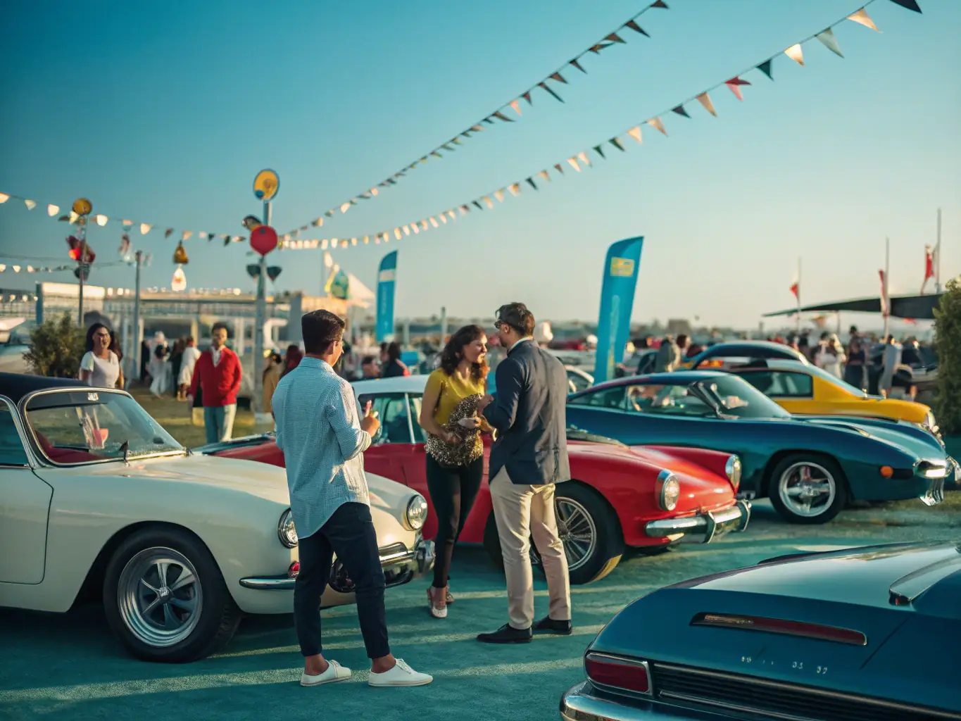 A lively image of a motorsport gathering, featuring classic and sports car enthusiasts mingling and sharing their passion for automobiles in a relaxed and friendly atmosphere.